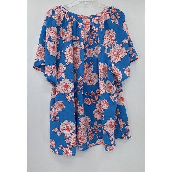 Studio B Bobeau Plus Size Turquoise Blue‎ Floral Peasant Flutter Sleeve Top 3x - Picture 3 of 8